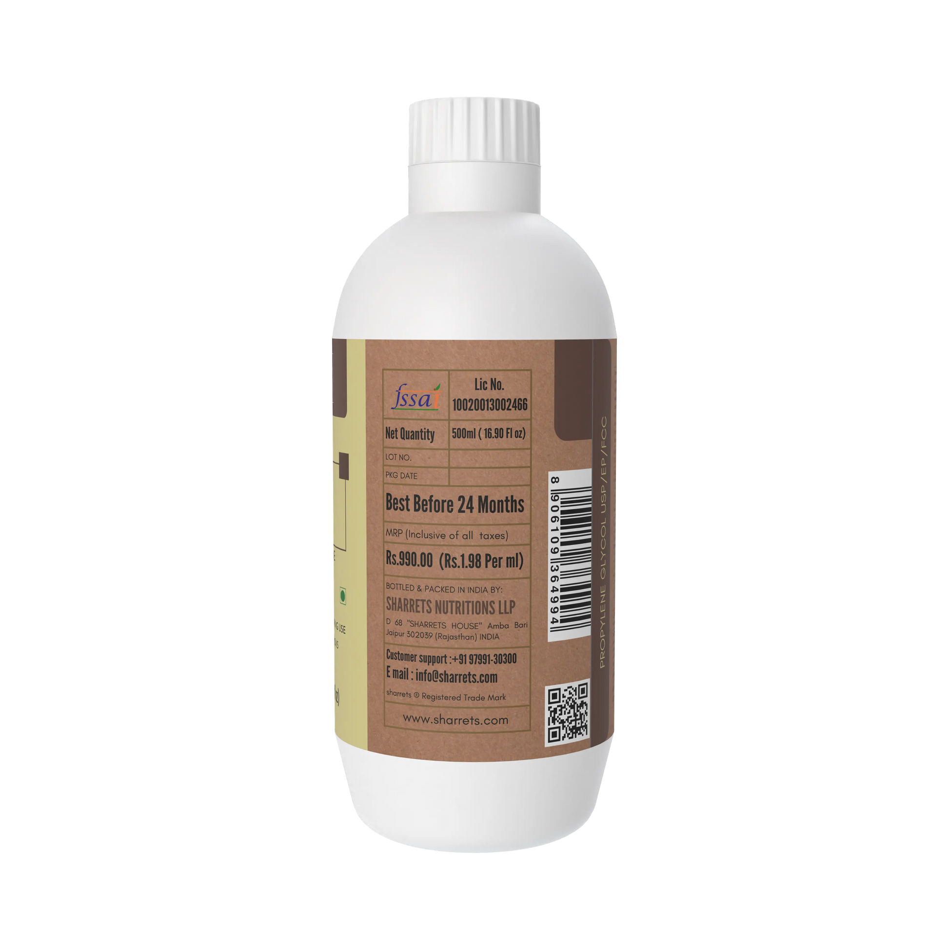 Manufacturer address and FSSAI license details of Sharrets Nutritions Propylene Glycol USP Food Grade solvent