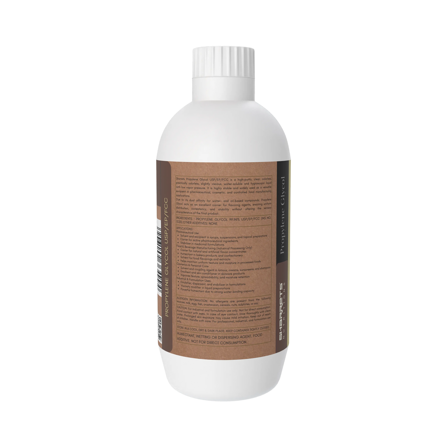 Ingredients panel of Propylene Glycol USP Food Grade by Sharrets Nutritions showing 99.9 percent pure propylene glycol