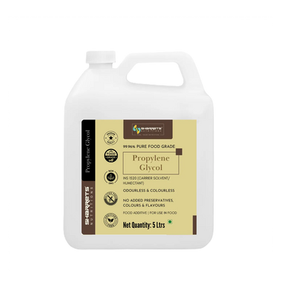Sharrets Propylene Glycol 5 ltrs jerrycan front view, 99.96% pure food grade propylene glycol INS 1520, clear colourless liquid used as a carrier solvent and humectant in permitted food formulations, white bottle with gold and brown label.