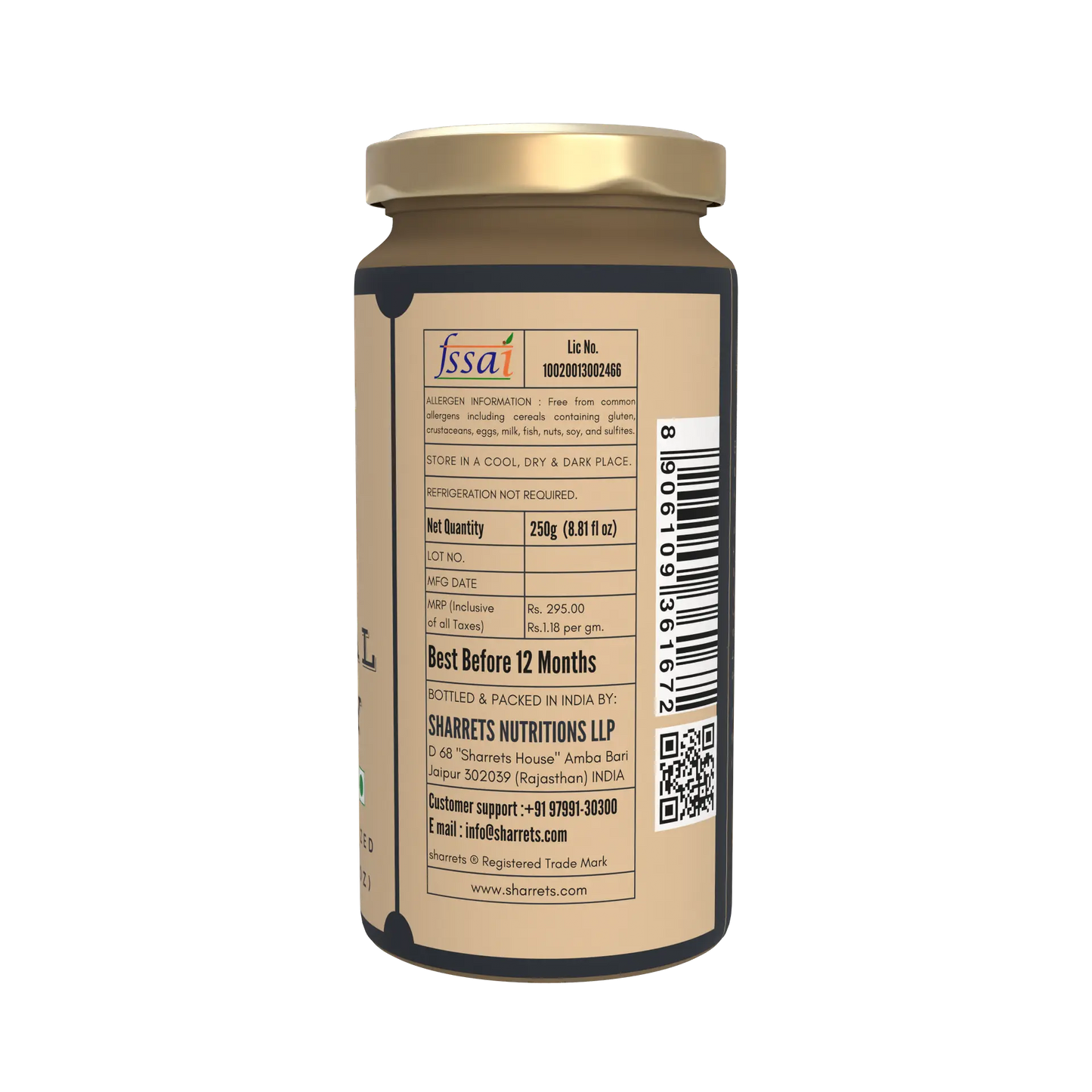 Back view of a jar with a gold lid and label on a white background - sharrets honey