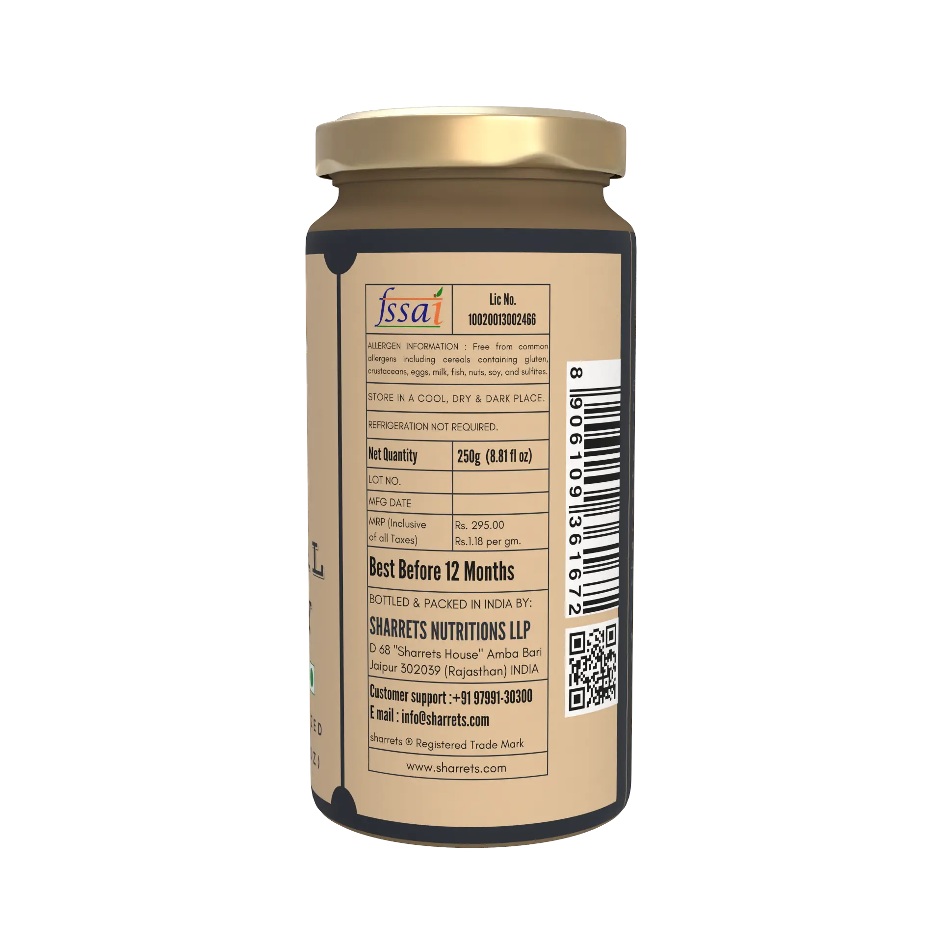 Back view of a jar with a gold lid and label on a white background - sharrets honey