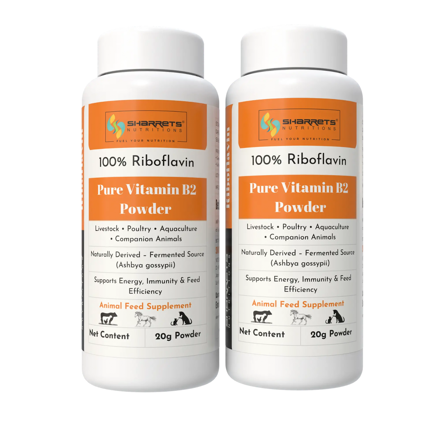 Two bottles of Sharrets Nutritions 100% Riboflavin Pure Vitamin B2 Powder for animals 
