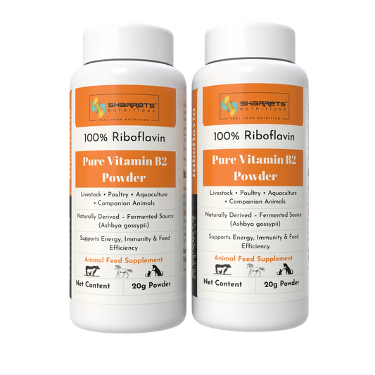 Two bottles of Sharrets Nutritions 100% Riboflavin Pure Vitamin B2 Powder for animals 