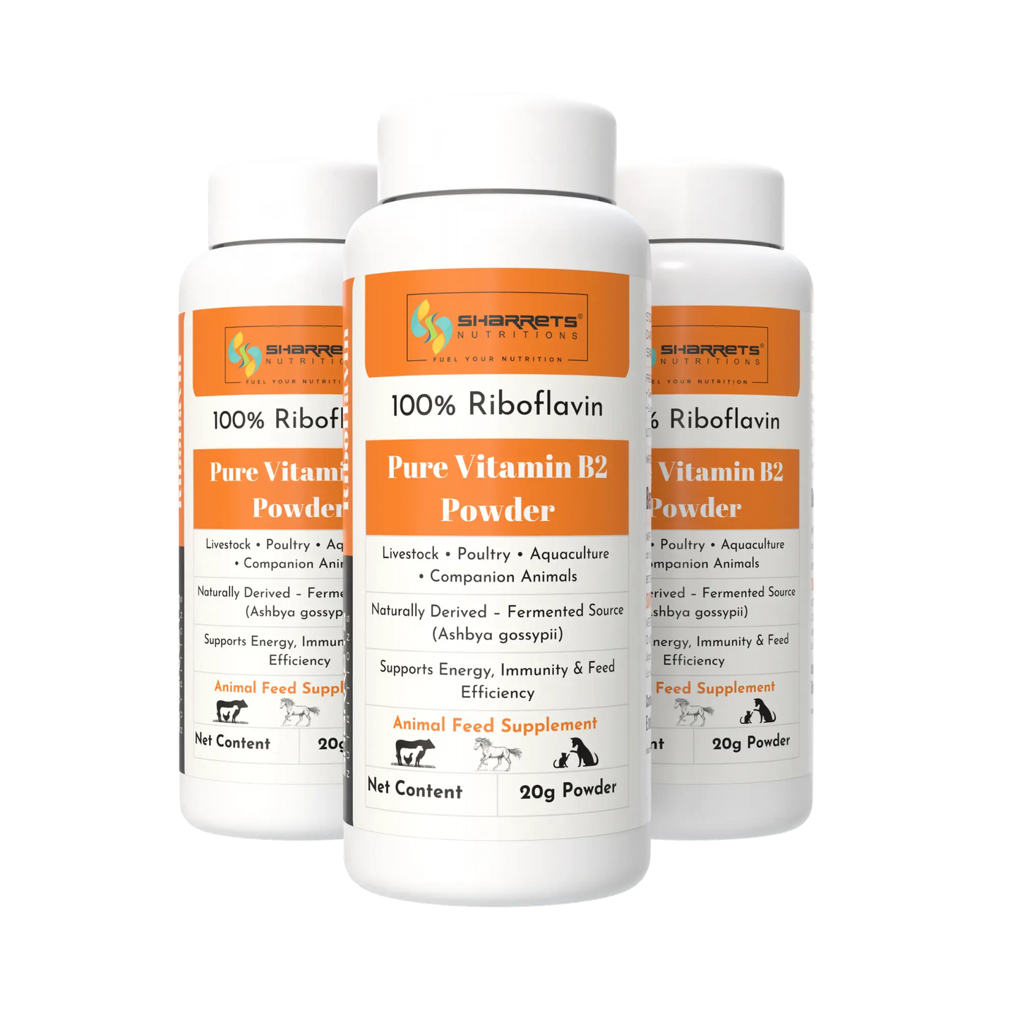 Three bottles of Sharrets Pure Vitamin B2 Powder for animals