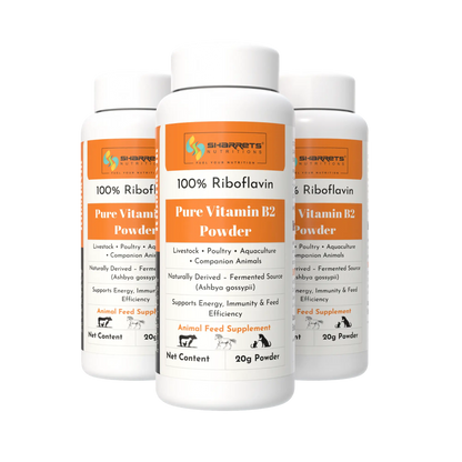 Three bottles of Sharrets Pure Vitamin B2 Powder for animals