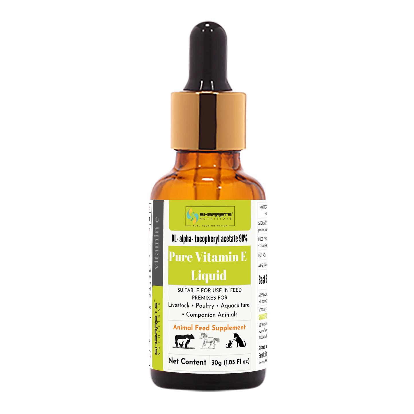 Pure Vitamin E Acetate Oil for Pets & Animals (98% DL-alpha-tocopheryl acetate) – Feed-grade Vitamin E liquid supplement for dogs, cats, poultry and livestock – 30g dropper bottle
