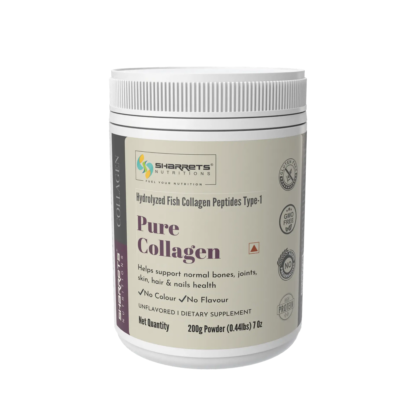 Container of Sharrets Pure Collagen powder on a white background