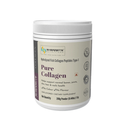 Container of Sharrets Pure Collagen powder on a white background