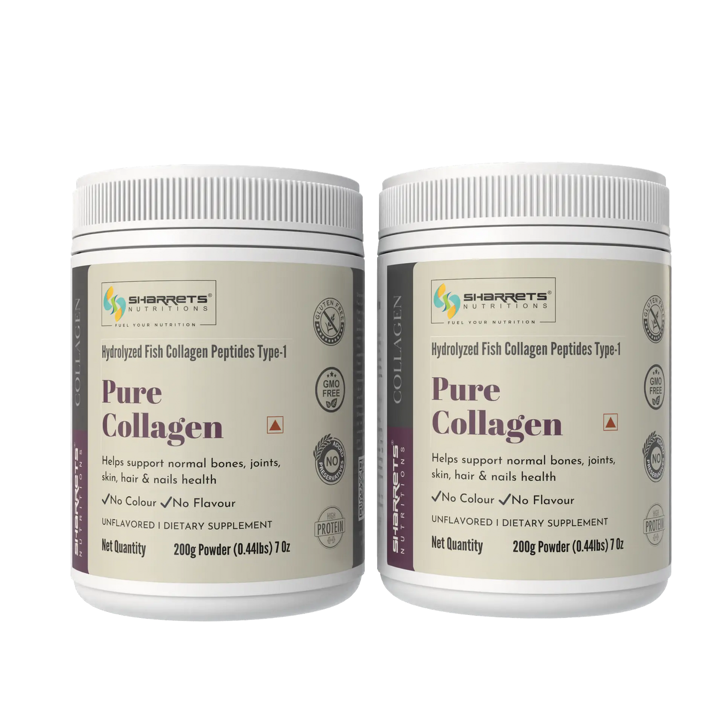 Two containers of Sharrets Pure Collagen on a white background