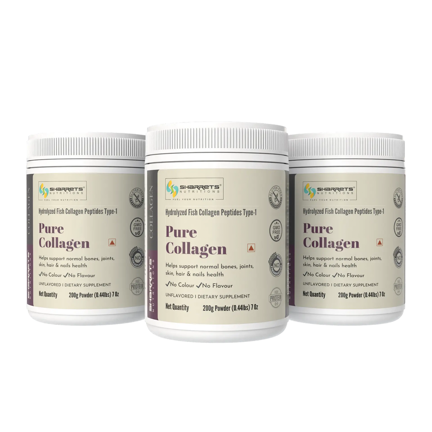 Three containers of Pure Collagen powder on a white background