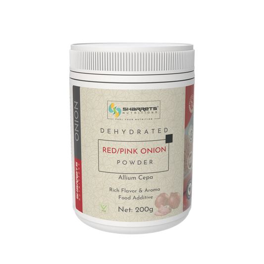 Dehydrated red/pink onion powder container with Sharrets Nutritions branding on a white background