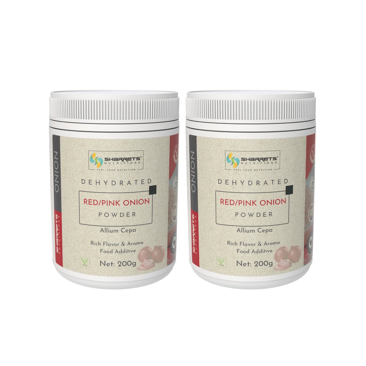 Two containers of Sharrets nutritions Dehydrated Red/Pink Onion Powder on a white background