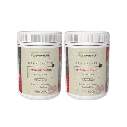 Two containers of Sharrets nutritions Dehydrated Red/Pink Onion Powder on a white background