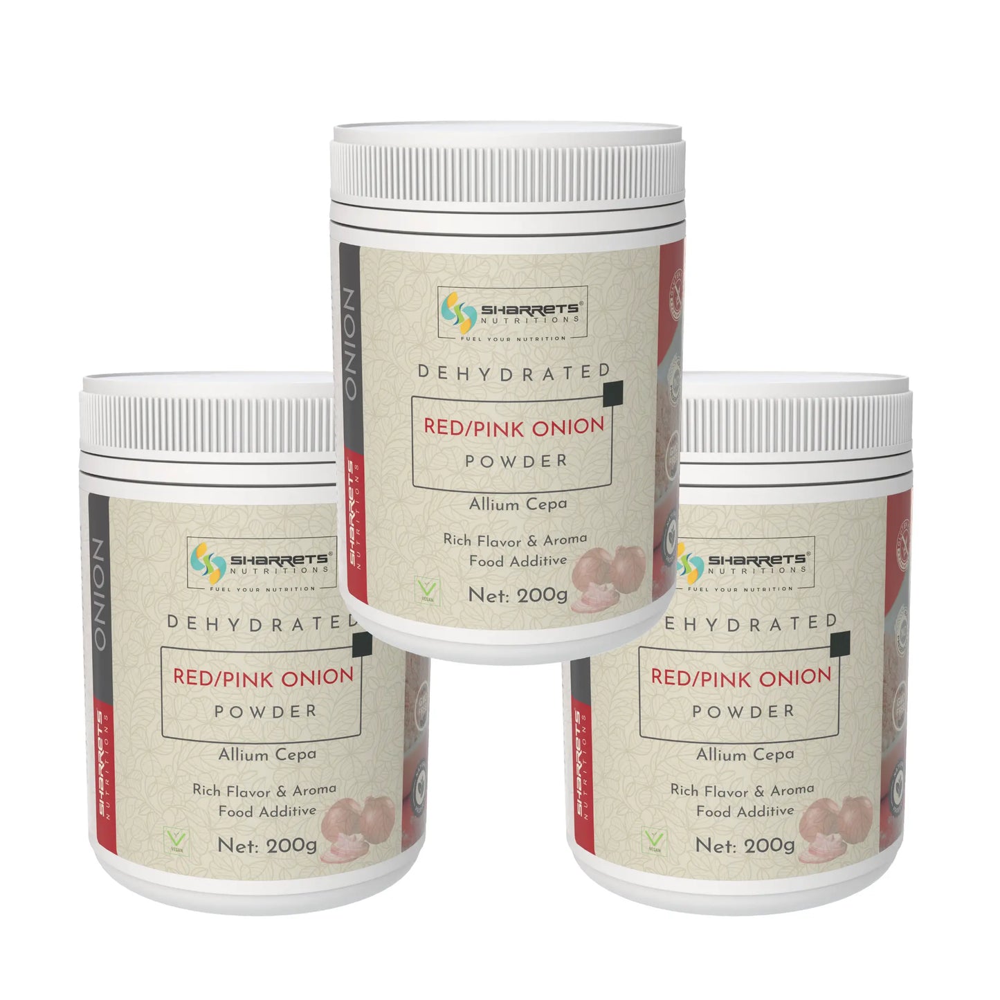 Three containers of Sharrets Dehydrated Red/Pink Onion Powder on a white background