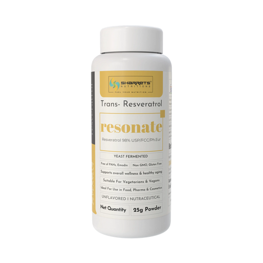 Sharretts Nutritions Resonate Trans-Resveratrol powder bottle on a white background, 25gram 