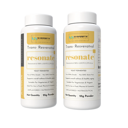 Two bottles of Sharretts Resonate Trans-Resveratrol on a white background 