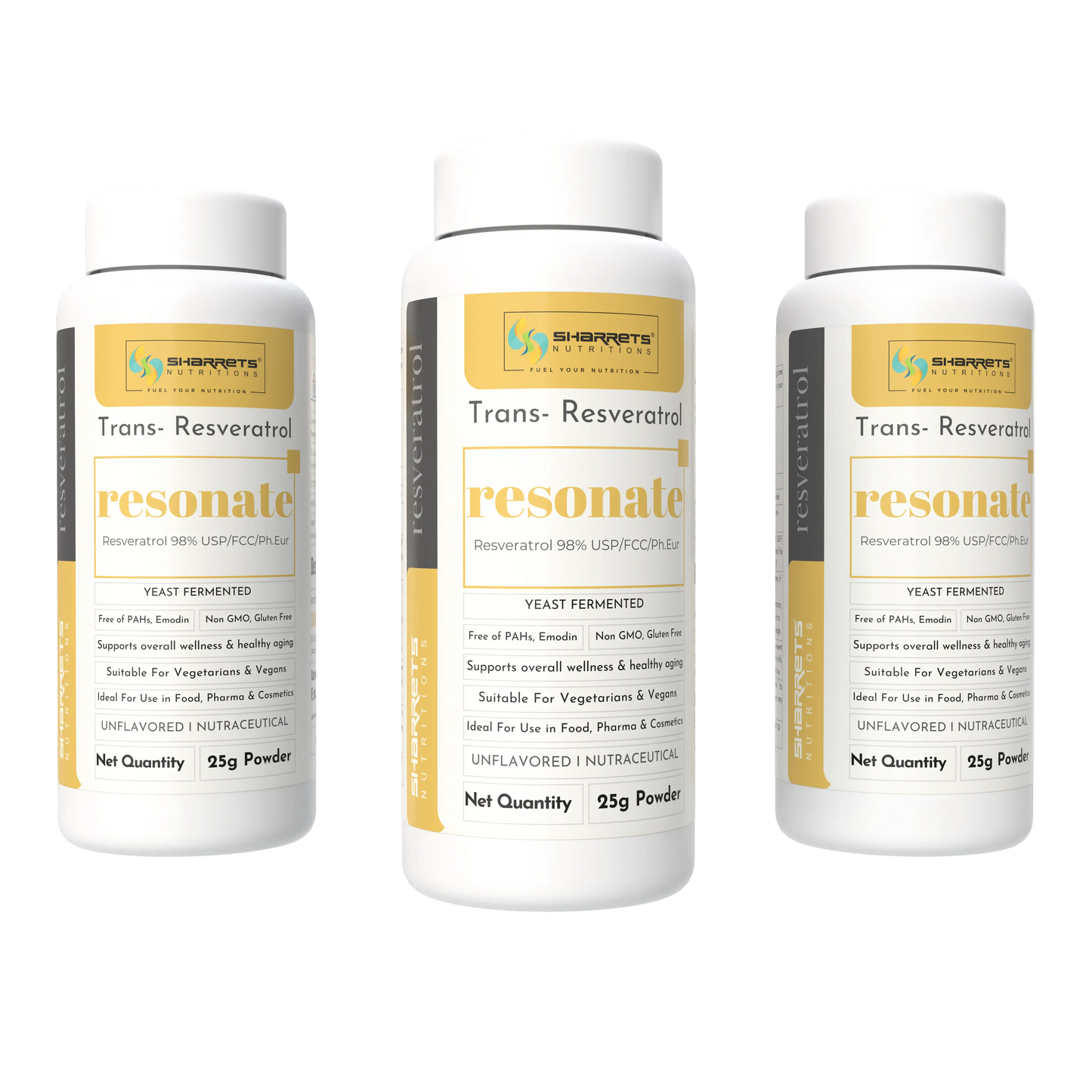 Three bottles of Resonate Trans-Resveratrol on a white background