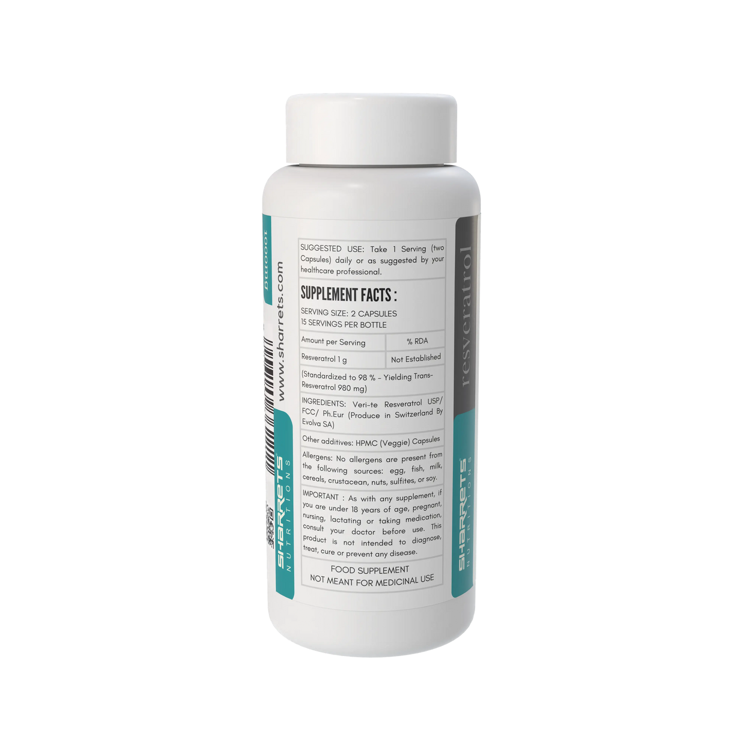 Supplement bottle with label on a white background - Sharrets Resveratrol Supplements