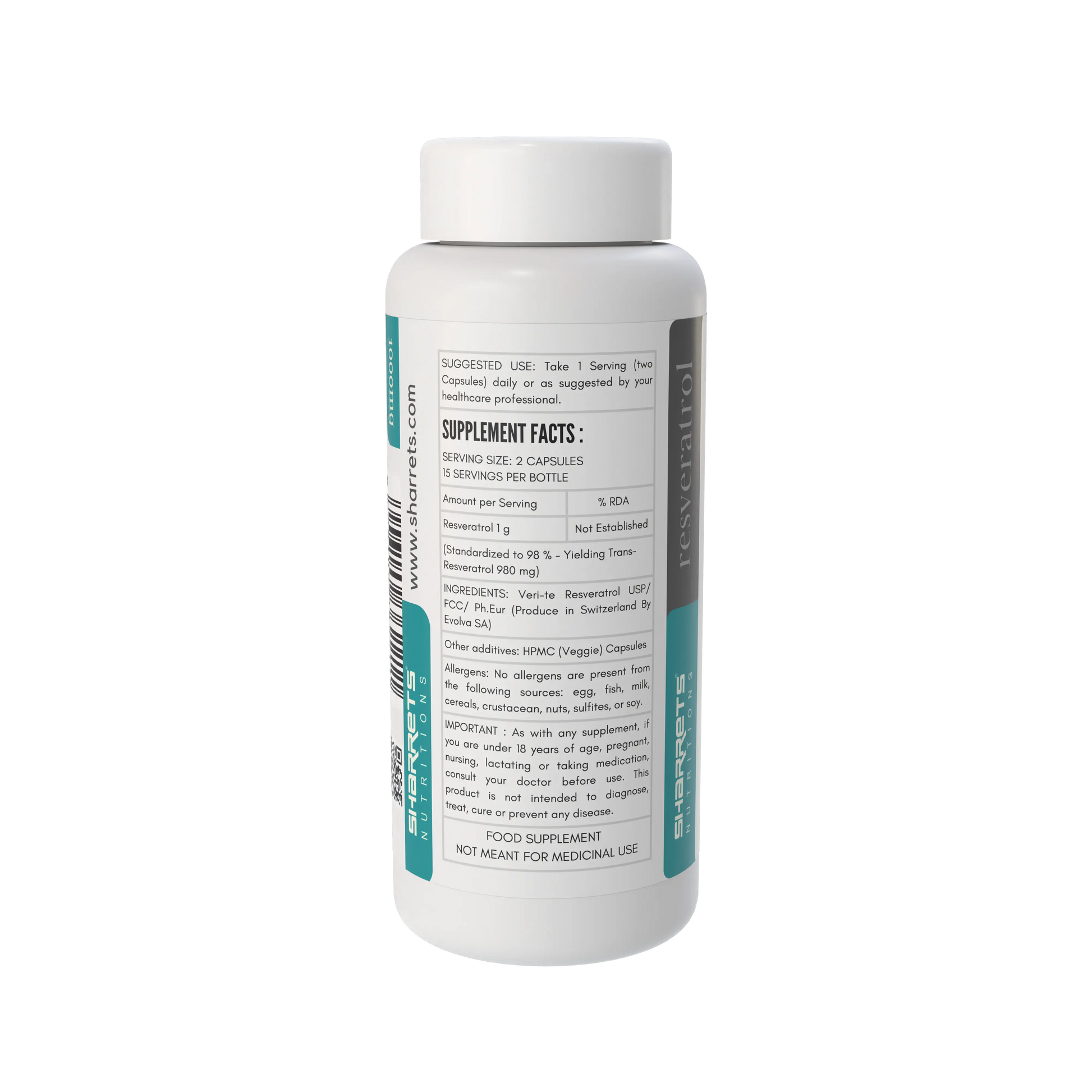 Supplement bottle with label on a white background - Sharrets Resveratrol Supplements