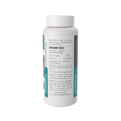 Supplement bottle with label on a white background - Sharrets Resveratrol Supplements