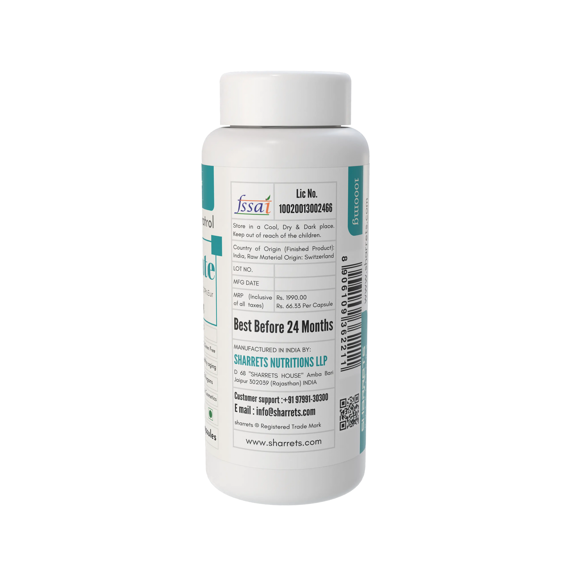 White supplement bottle with label on a white background