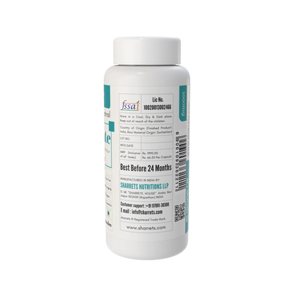 White supplement bottle with label on a white background