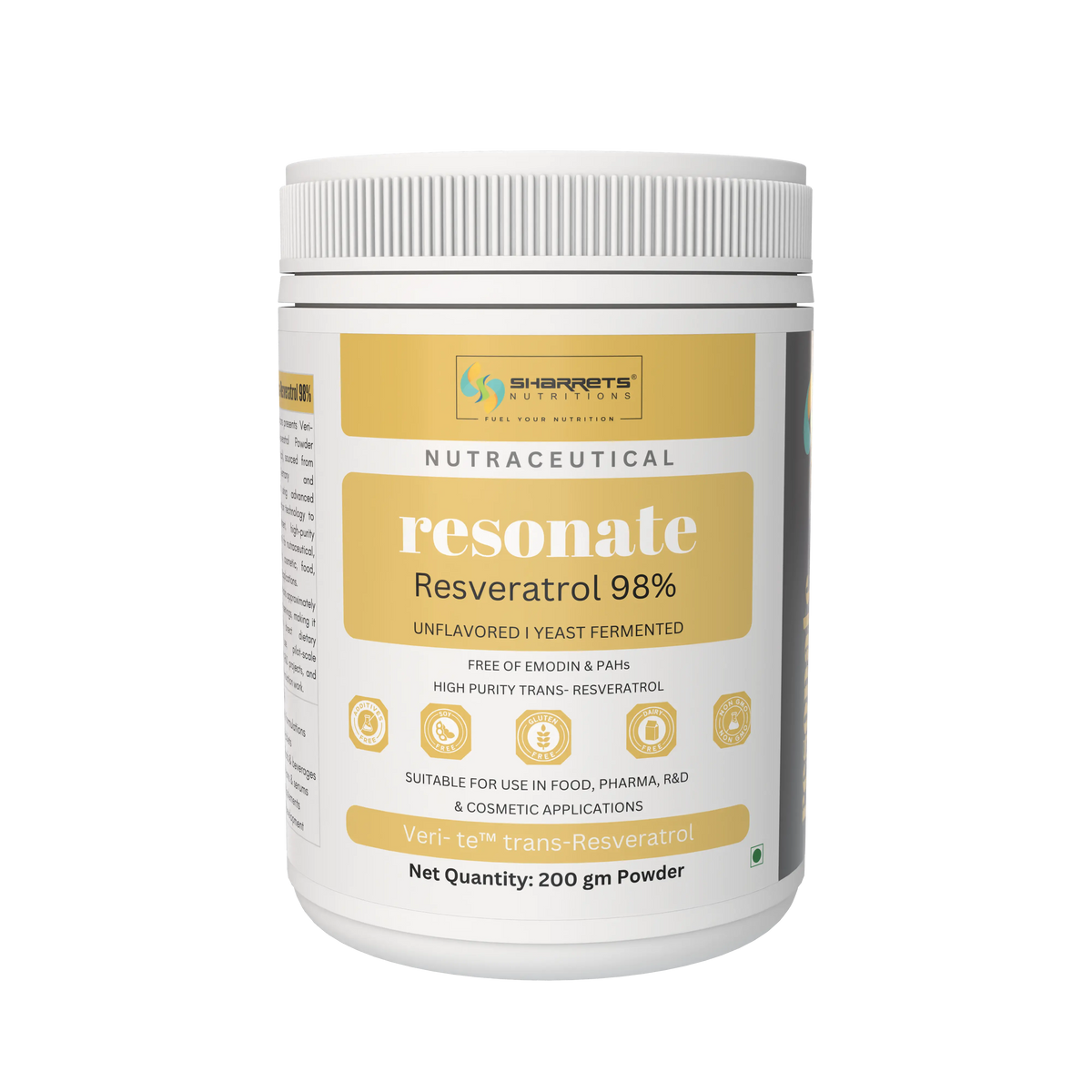 Resonate Resveratrol 98% 200g powder supplement by Sharrets Nutritions, high-purity trans-resveratrol powder, unflavoured yeast-fermented nutraceutical.