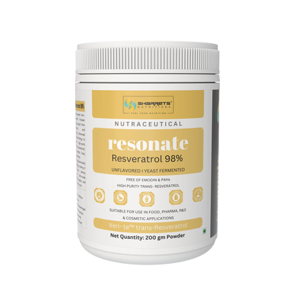 Resonate Resveratrol 98% 200g powder supplement by Sharrets Nutritions, high-purity trans-resveratrol powder, unflavoured yeast-fermented nutraceutical.