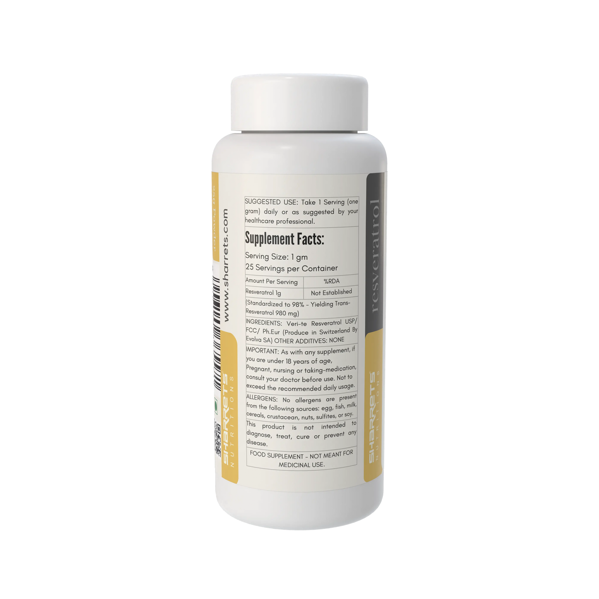 Supplement bottle with label on a white background - Sharrets Resveratrol Supplements