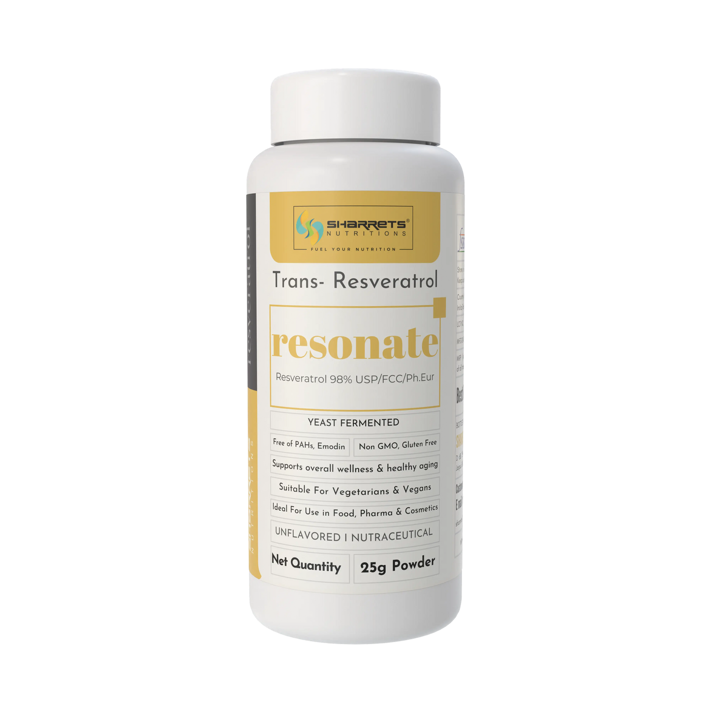Sharrets Resonate Trans-Resveratrol powder bottle on a white background