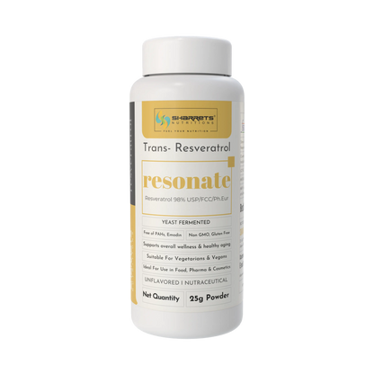 Sharrets Resonate Trans-Resveratrol powder bottle on a white background