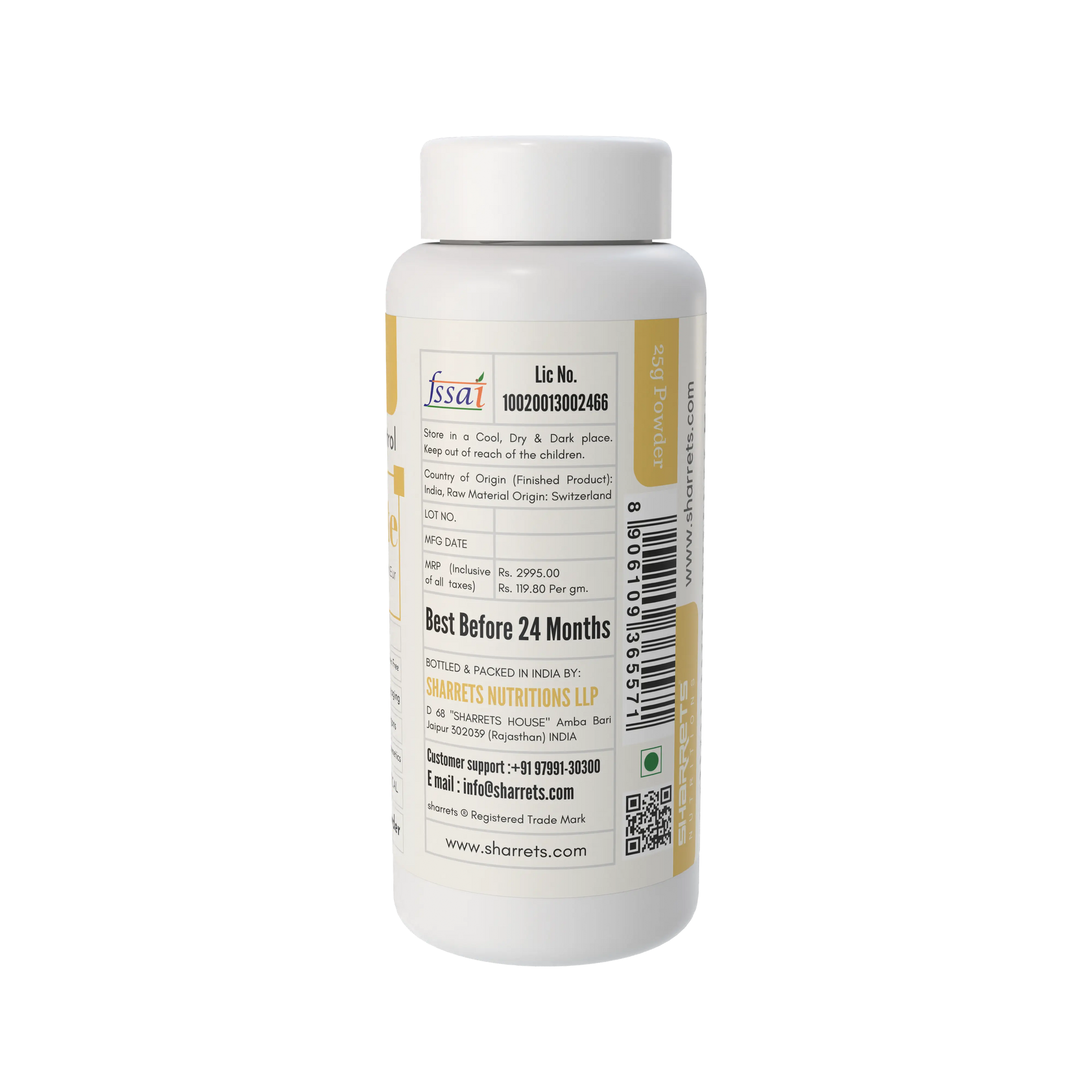 White supplement bottle with label on a white background - Sharrets Resveratrol Supplements