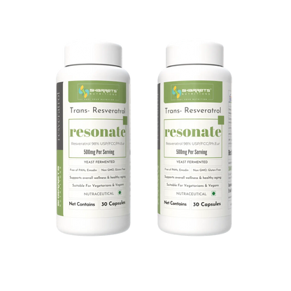 Two bottles of Resonate Trans-Resveratrol on a white background