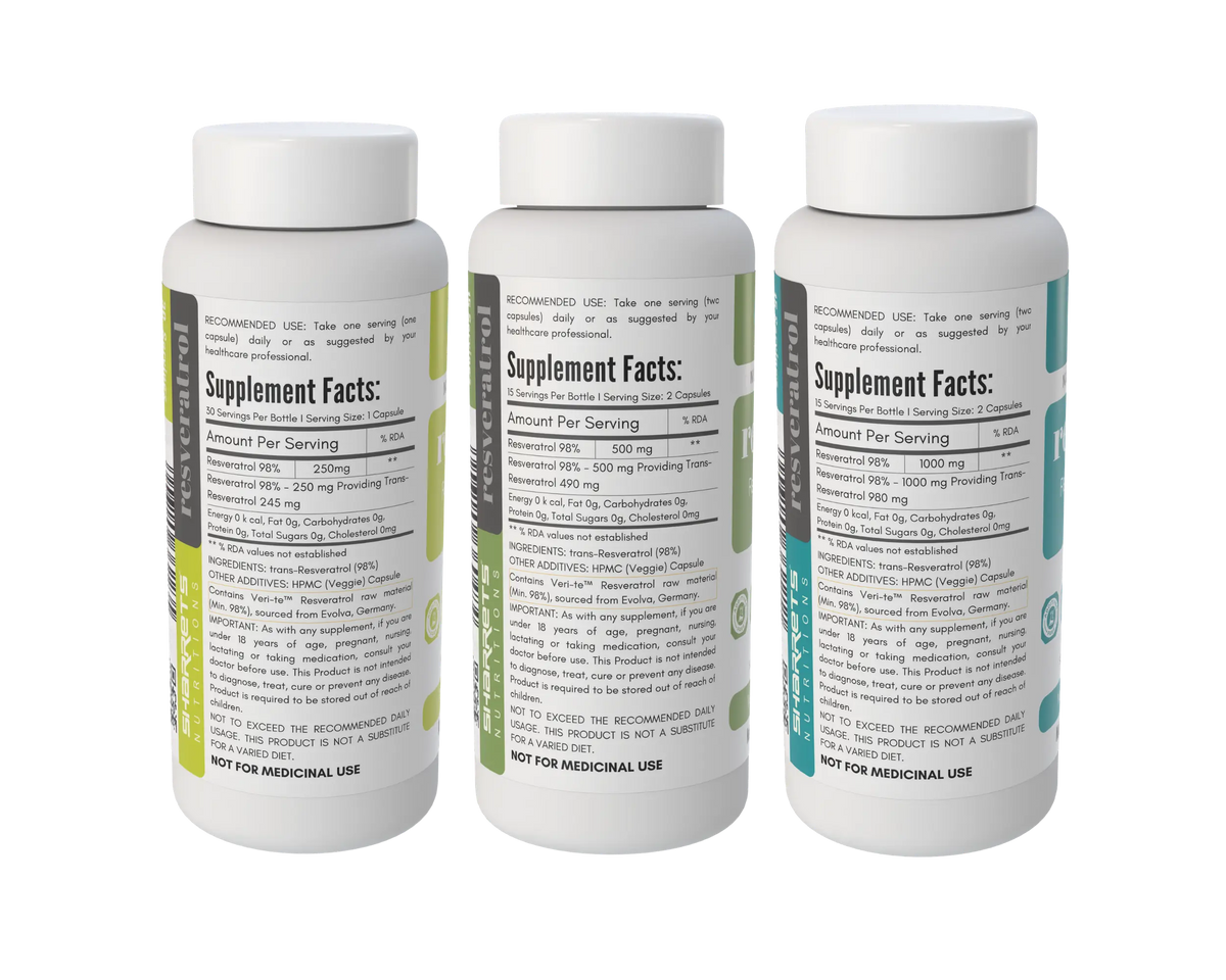 Sharrets Resonate Resveratrol 98% capsules 250mg 500mg and 1000mg supplement bottles