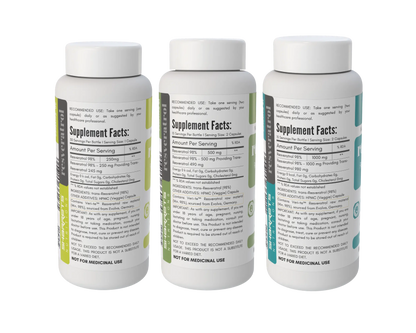 Sharrets Resonate Resveratrol 98% capsules 250mg 500mg and 1000mg supplement bottles