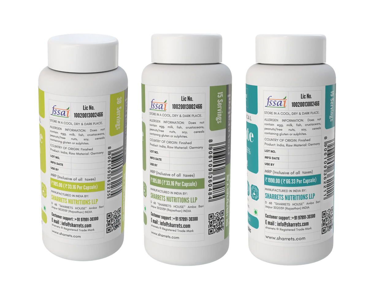 Sharrets Resonate Resveratrol 98% vegetarian capsules back panel showing FSSAI license, ingredients and manufacturer details