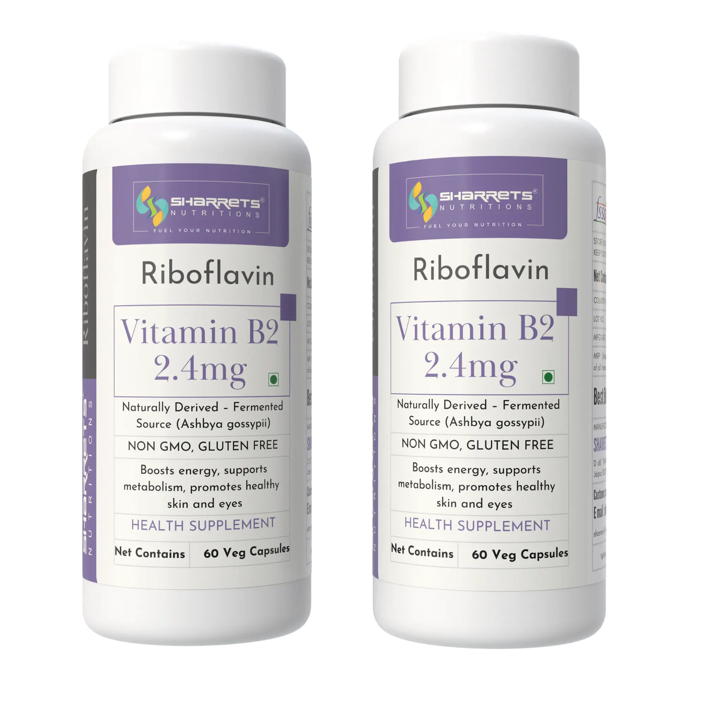 Two bottles of Sharrets Nutritions Riboflavin Vitamin B2 2.4mg on a white background