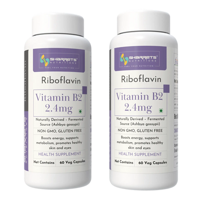 Two bottles of Sharrets Nutritions Riboflavin Vitamin B2 2.4mg on a white background