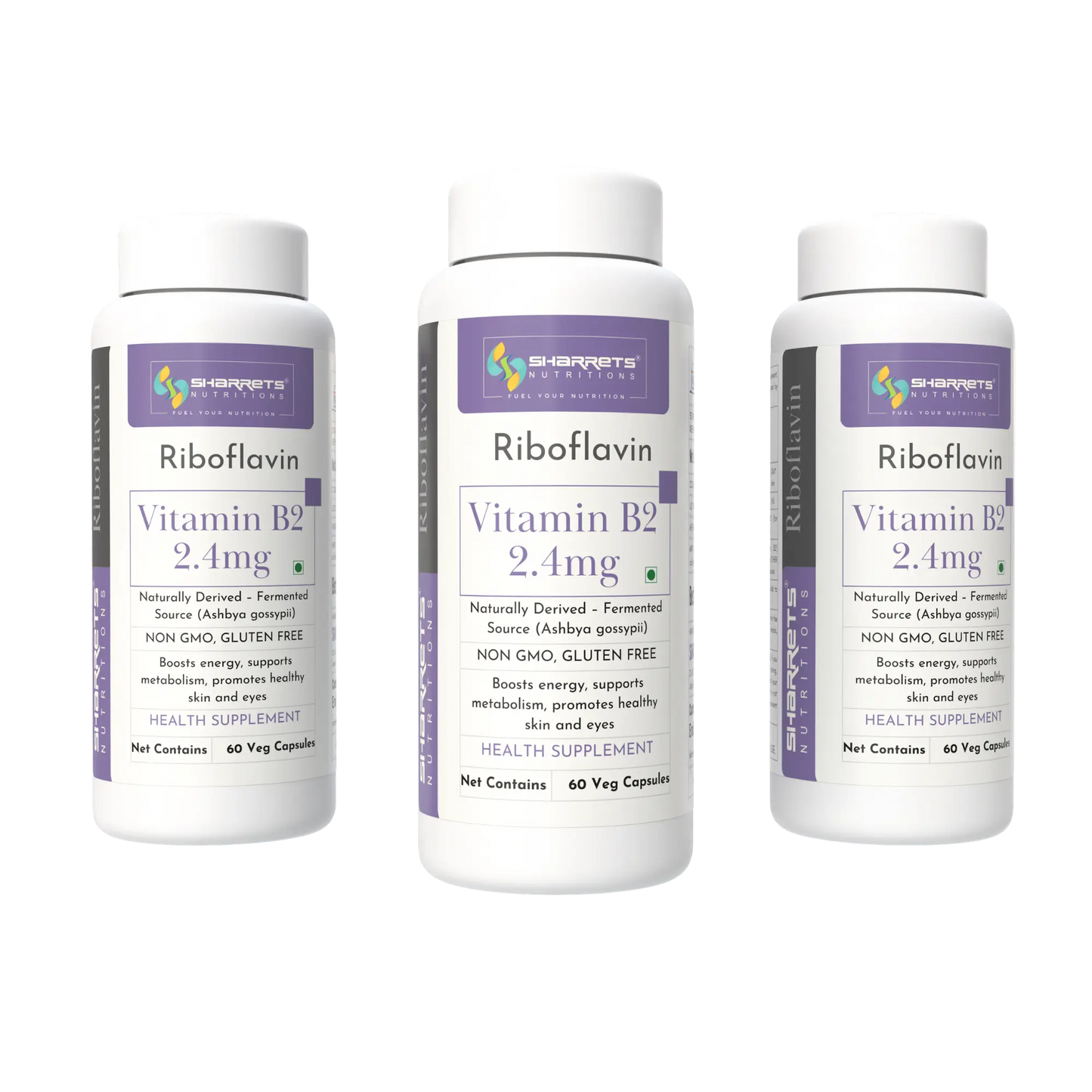 Three bottles of Sharrets Nutritions Riboflavin Vitamin B2 2.4mg on a white background