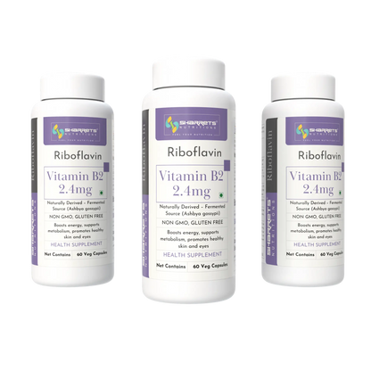 Three bottles of Sharrets Nutritions Riboflavin Vitamin B2 2.4mg on a white background