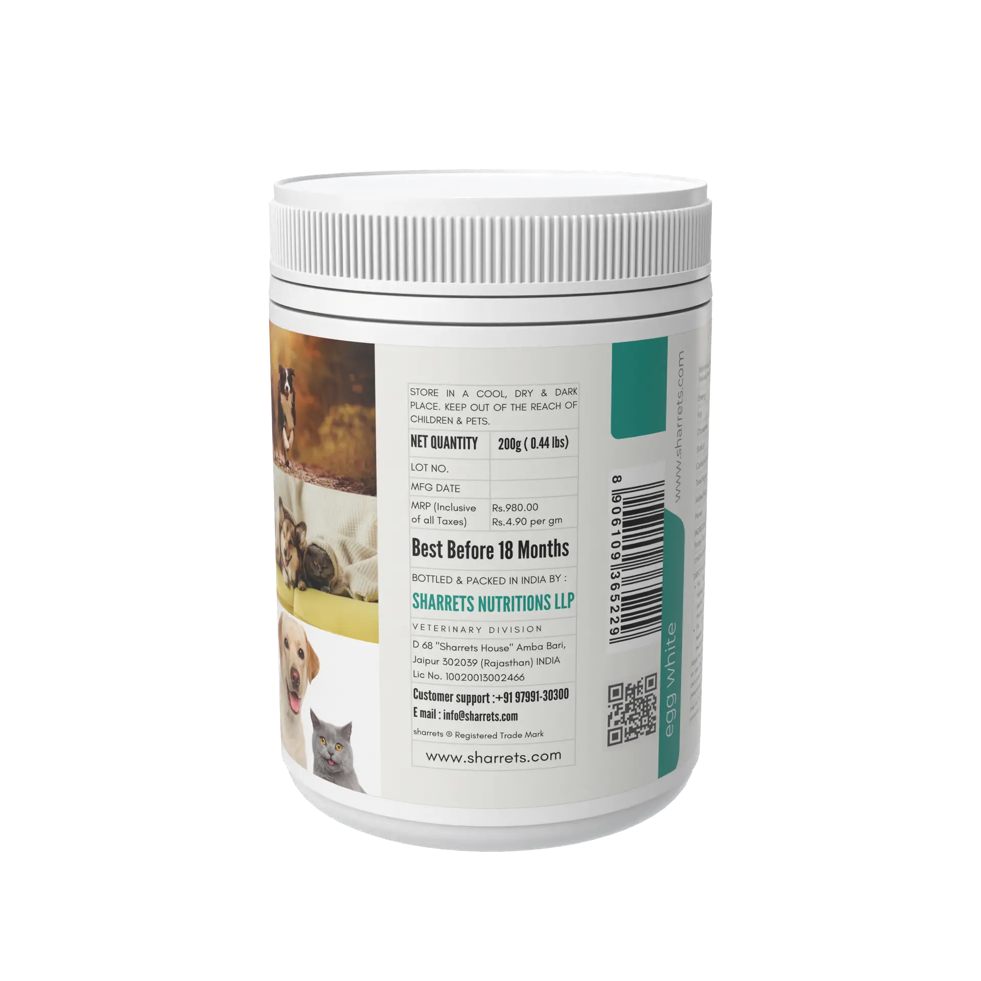 Manufacturer and address details of Sharrets egg white protein powder for dogs and cats