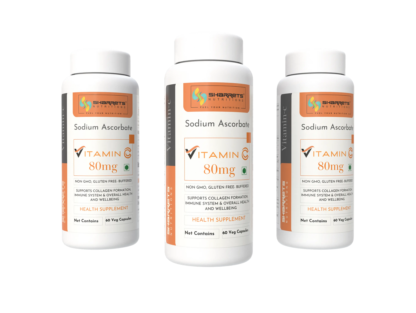 Three bottles of Vitamin C supplements on a white background