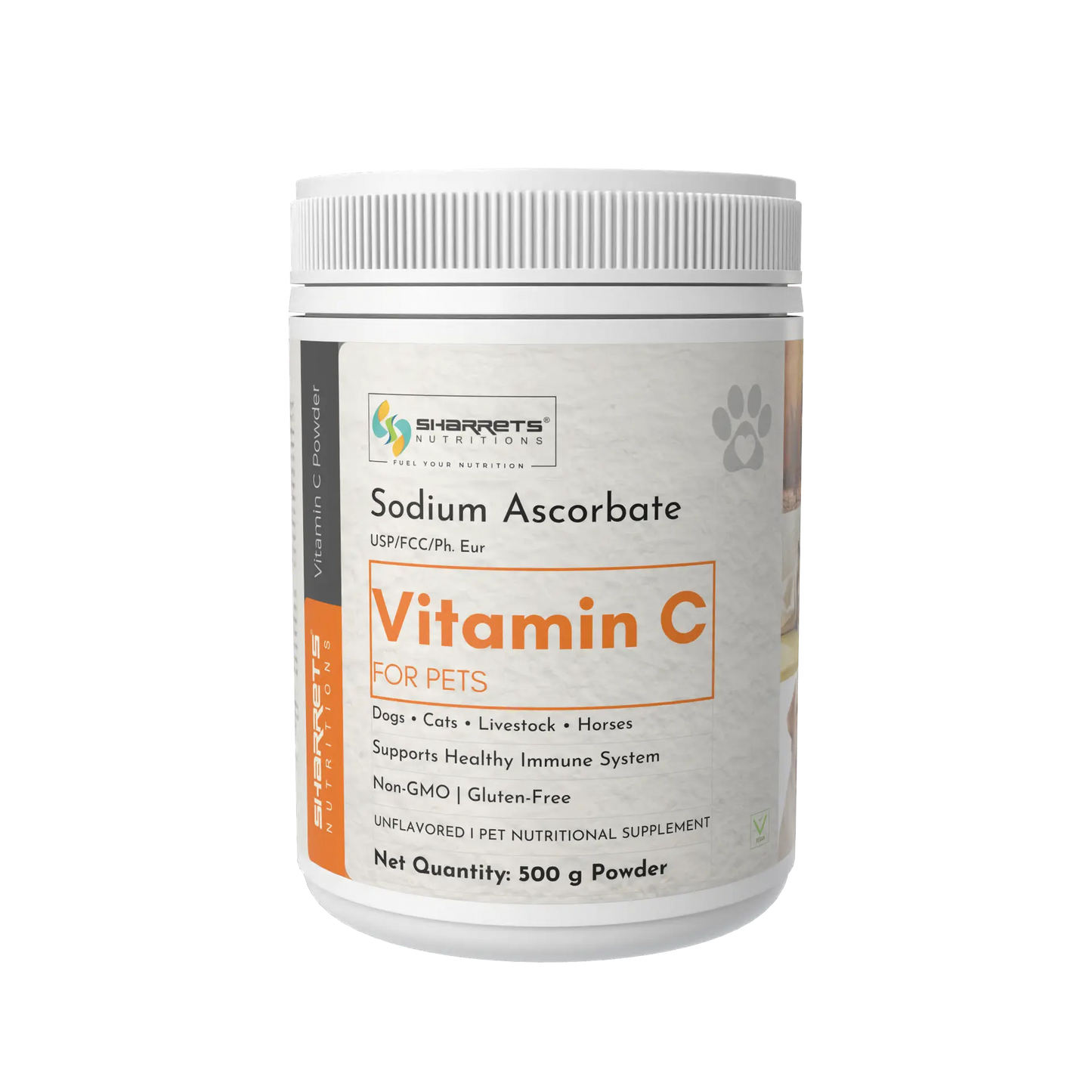 Vitamin C powder for pets by Sharrets Nutritiions on a white background