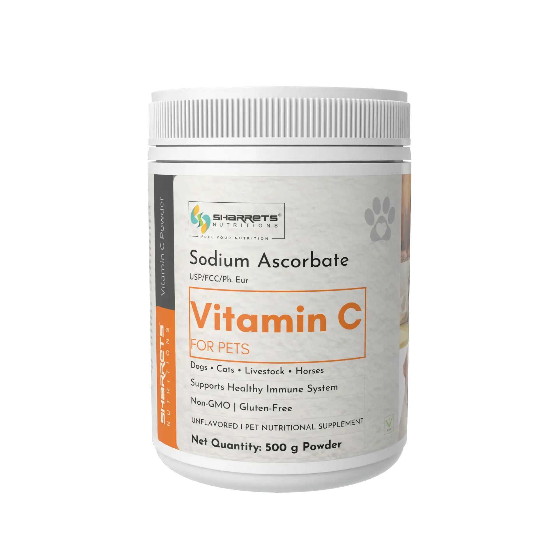 Vitamin C powder for pets by Sharrets Nutritiions on a white background