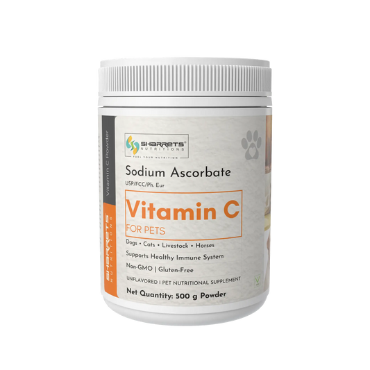 Vitamin C powder for pets by Sharrets Nutritiions on a white background