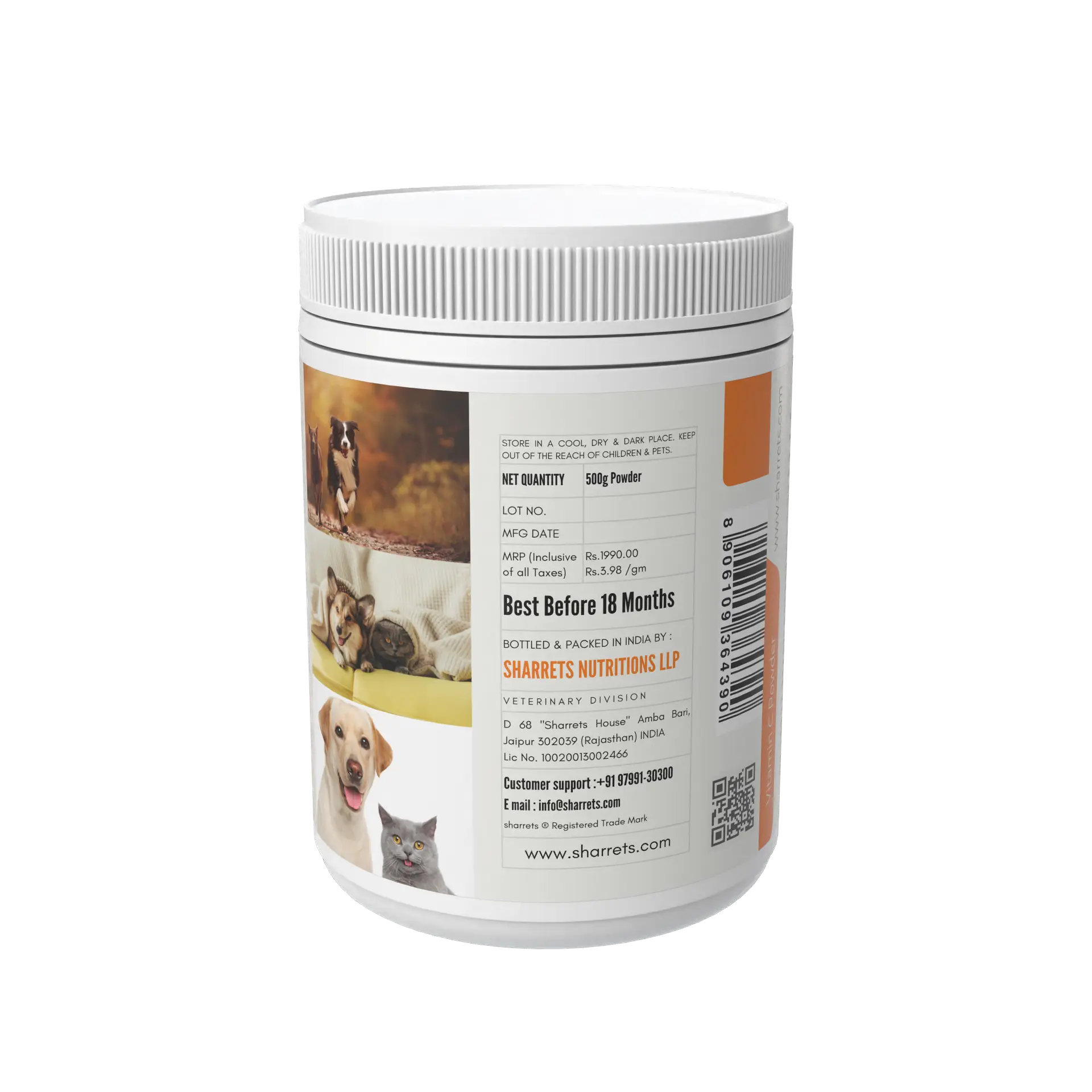 Dog food packaging with nutritional information and branding on a white background