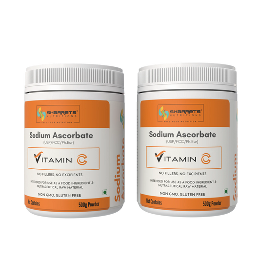 Two containers of Vitamin C powder by Sharrets Nutritions on a white background