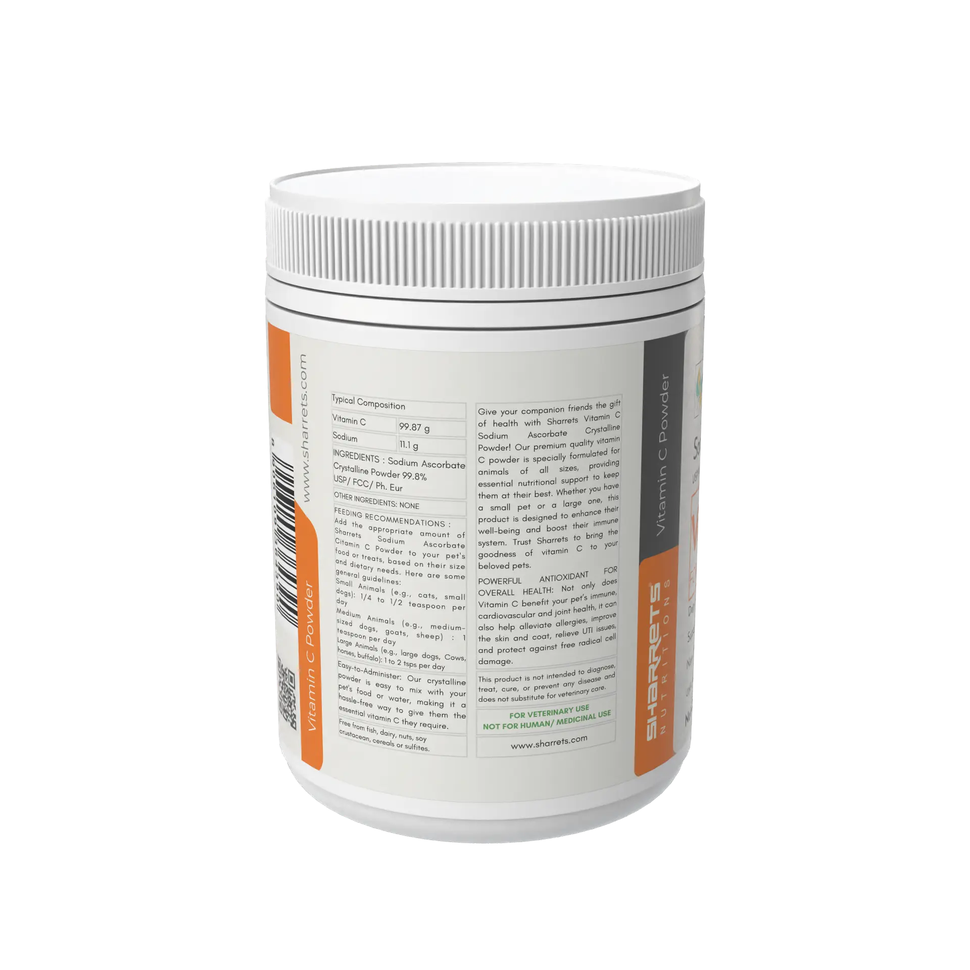 Supplement information panel of Sodium Ascorbate Vitamin C Powder for pets dogs cats livestock 500g
