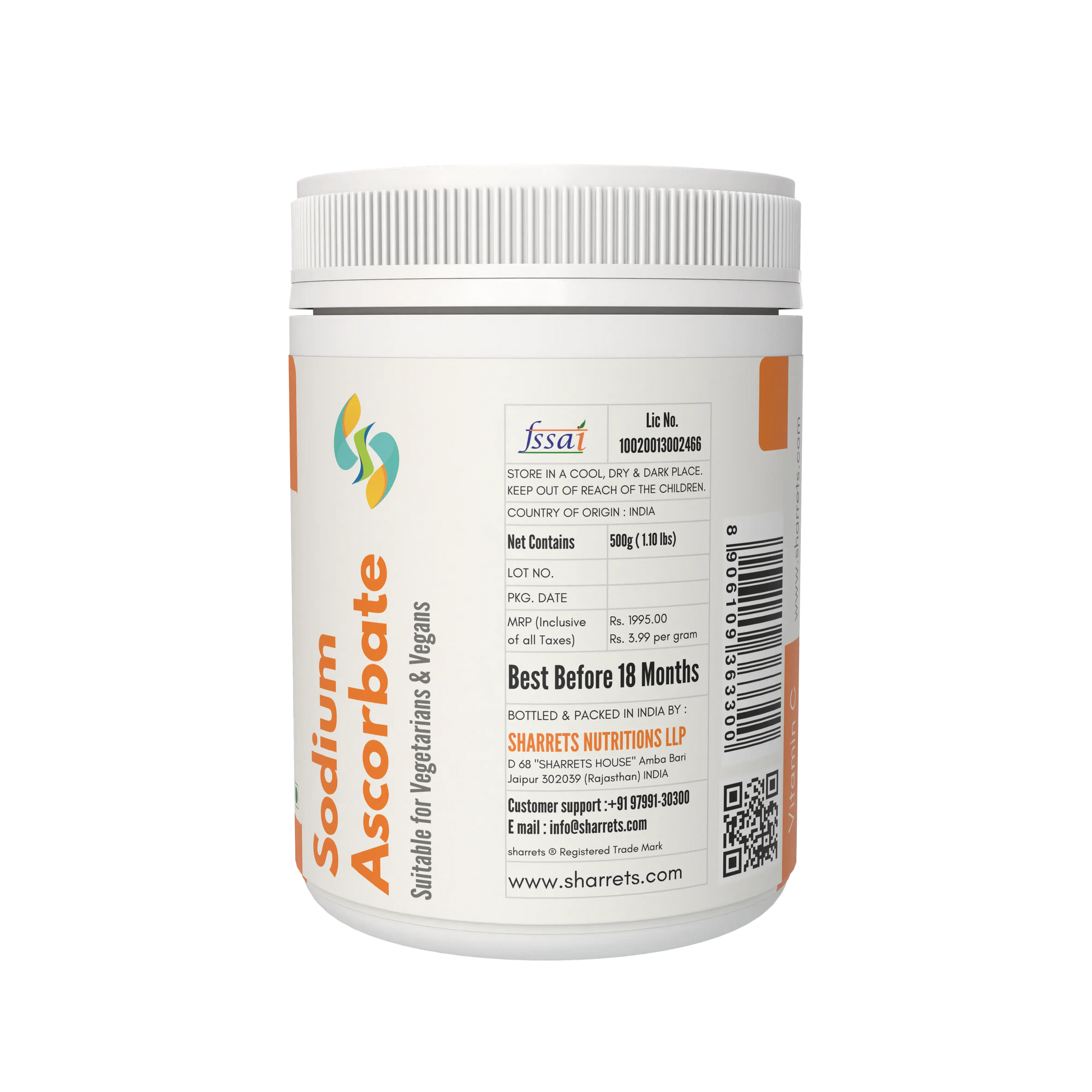 Container of Sodium Ascorbate with label and branding details on a white background