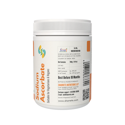 Container of Sodium Ascorbate with label and branding details on a white background
